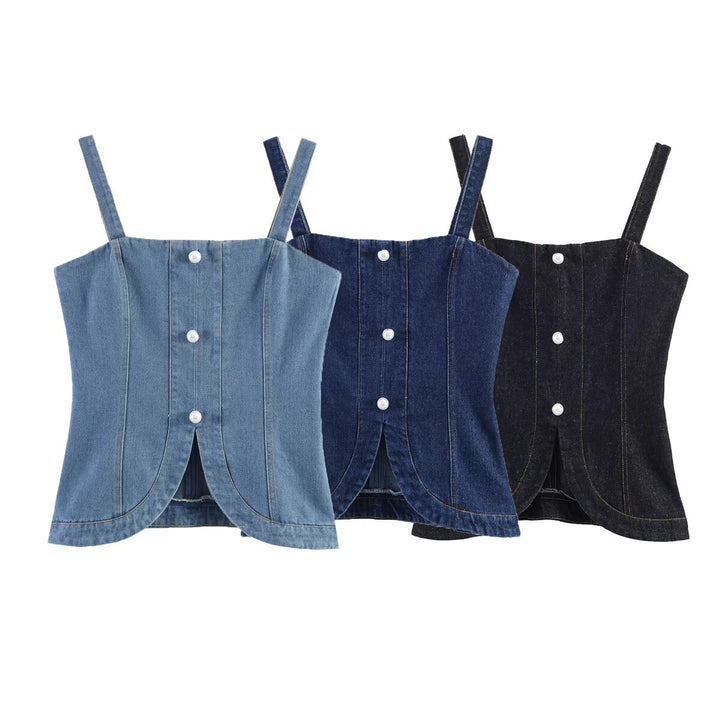 Damen Denim-Cami med figursydd passform och dekorativa knappar Mirla-Eva Jonsson