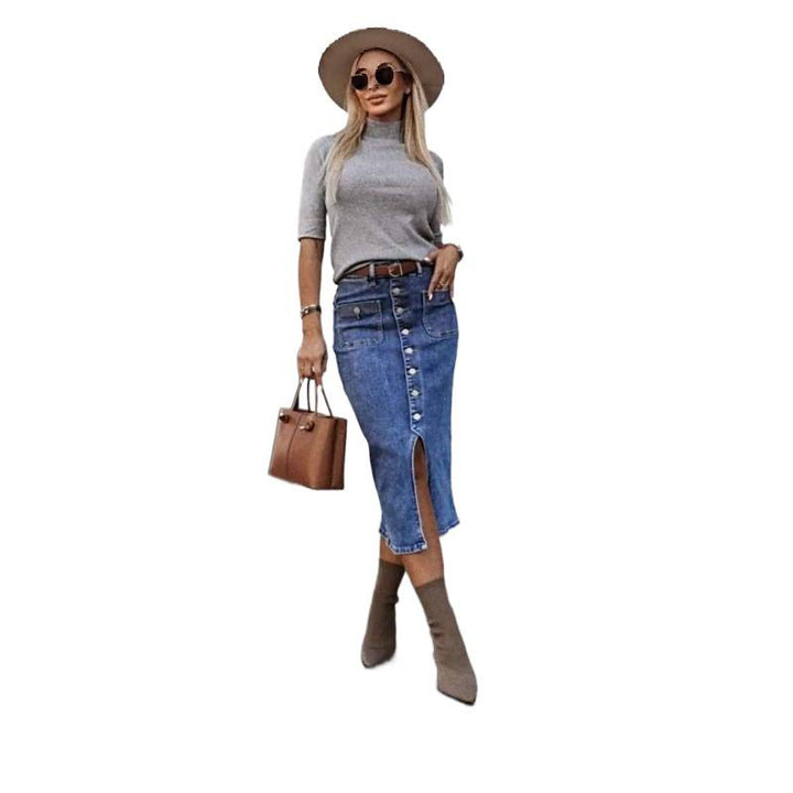 Damen Denim Midirock med knapdetails och sidoficka Mirla-Eva Jonsson