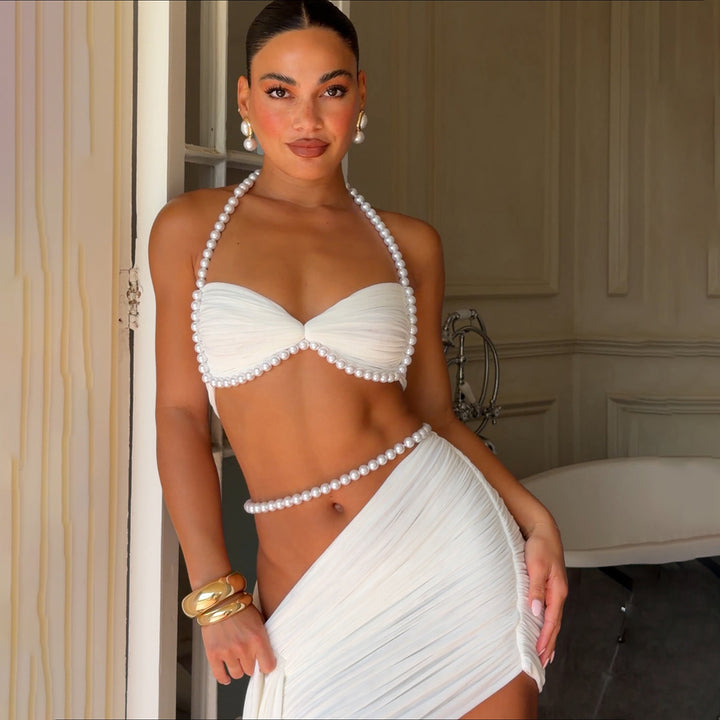 Damen Elegant Bikiniset med draperade detaljer och pärlaccenter Mirla-Eva Jonsson