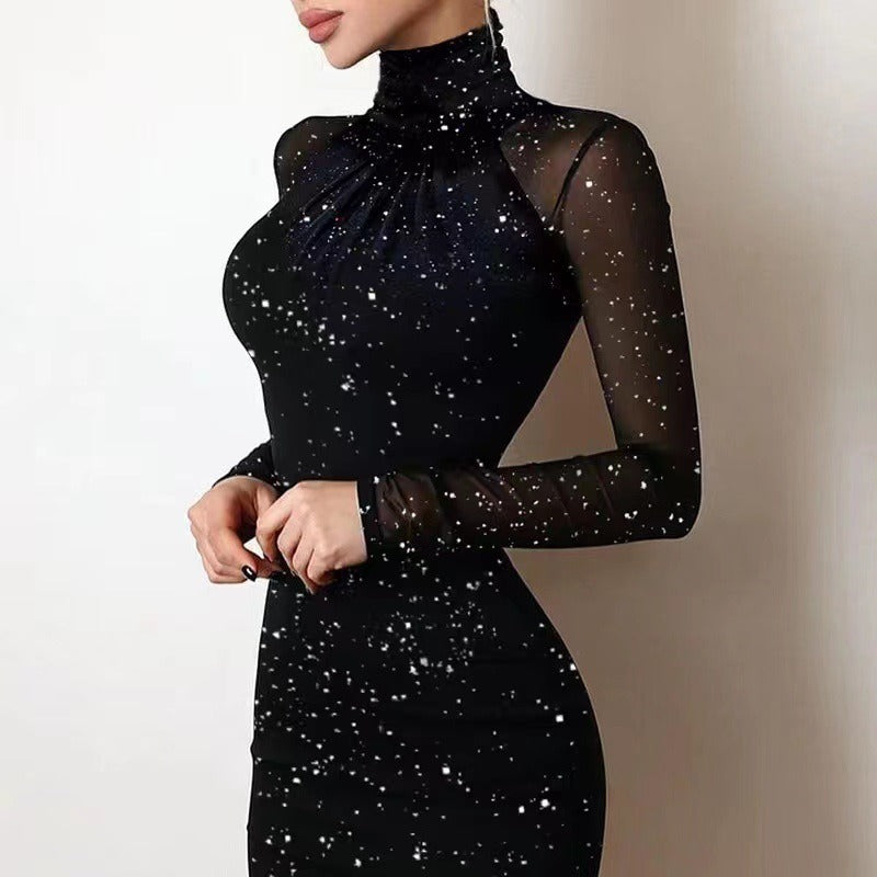 Damen Elegant Figured Dress with Transparent Sleeves and Refined Gathering Mirla-Eva Jonsson
