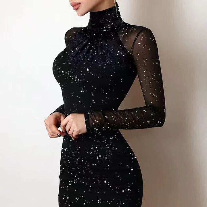 Damen Elegant Figured Dress with Transparent Sleeves and Refined Gathering Mirla-Eva Jonsson