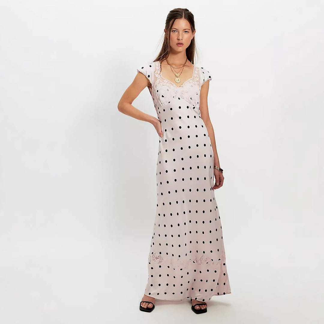 Damen Elegant Maxiklänning med Polka-Dots och romantisk ryggöppning Mirla-Eva Jonsson