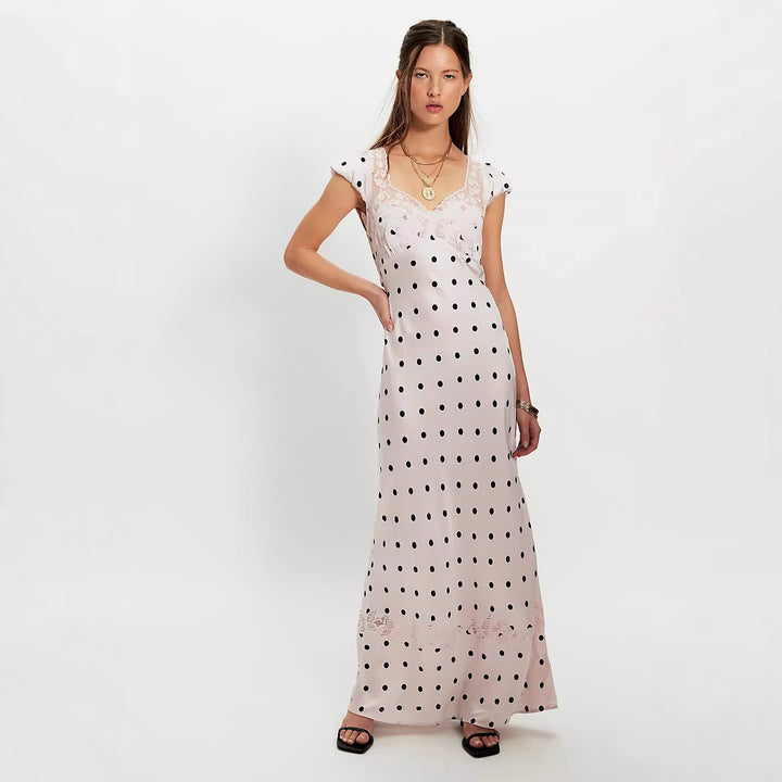 Damen Elegant Maxiklänning med Polka-Dots och romantisk ryggöppning Mirla-Eva Jonsson