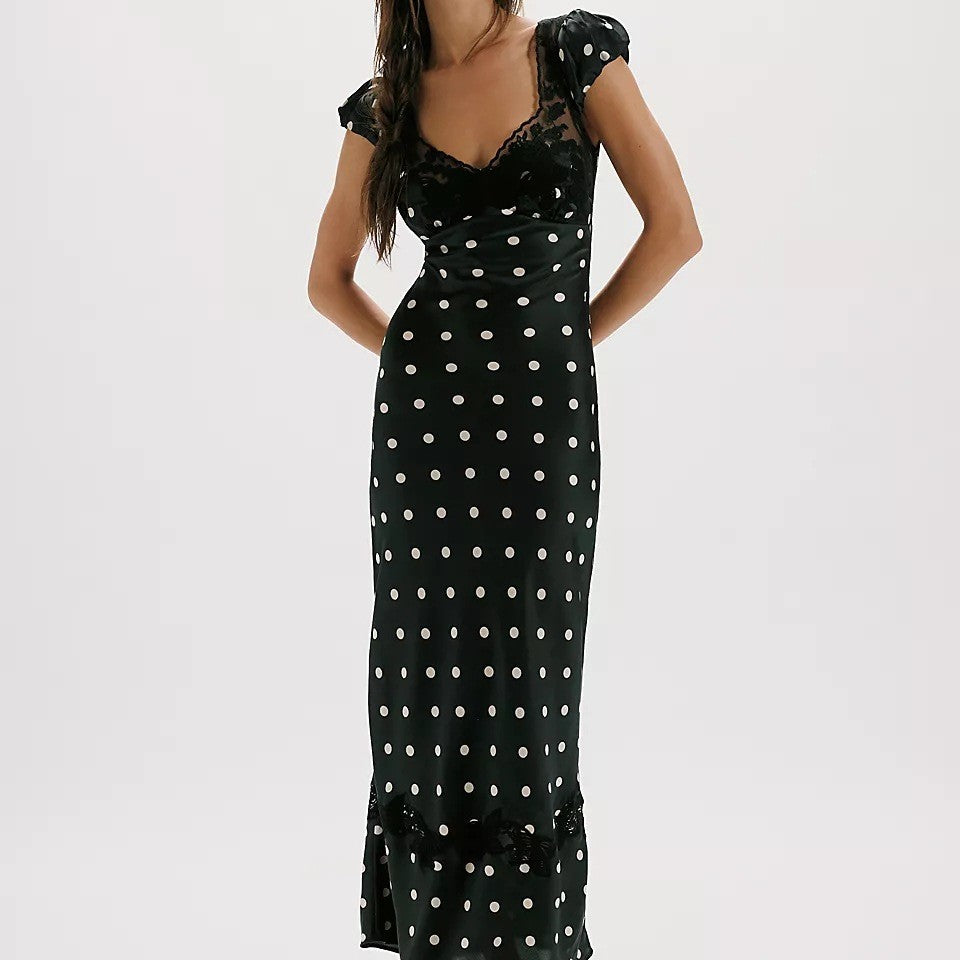 Damen Elegant Maxiklänning med Polka-Dots och romantisk ryggöppning Mirla-Eva Jonsson