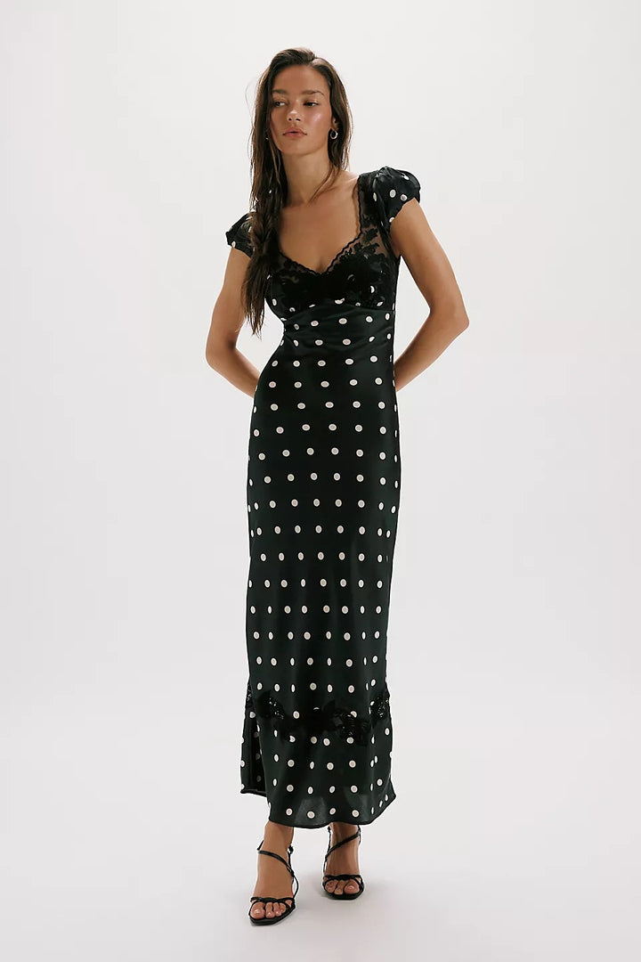 Damen Elegant Maxiklänning med Polka-Dots och romantisk ryggöppning Mirla-Eva Jonsson