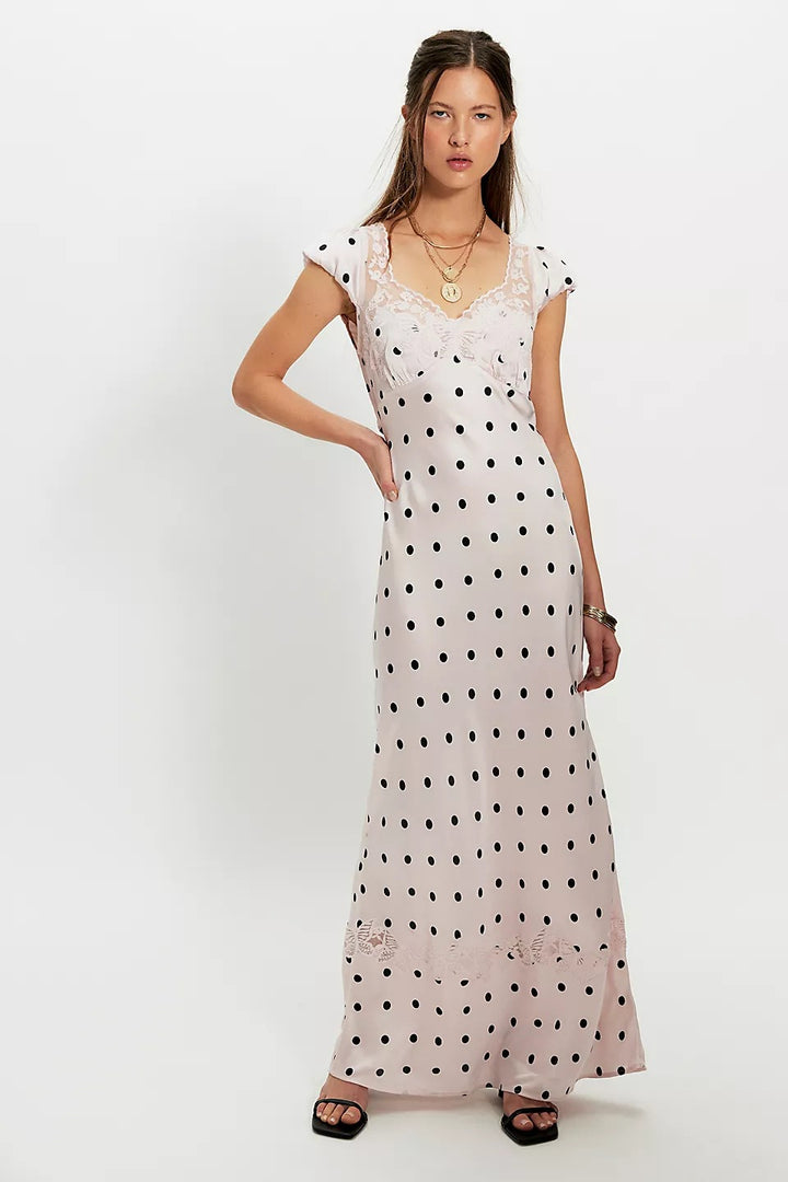 Damen Elegant Maxiklänning med Polka-Dots och romantisk ryggöppning Mirla-Eva Jonsson