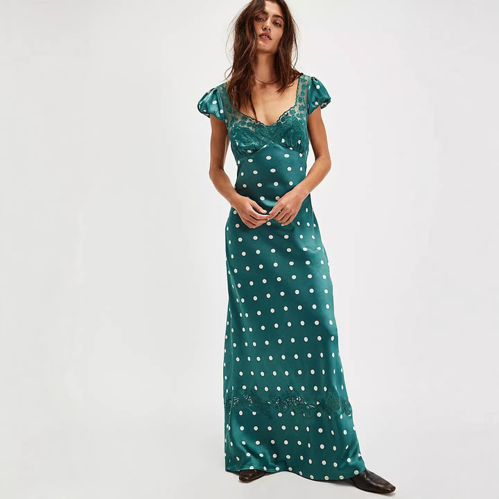 Damen Elegant Maxiklänning med Polka-Dots och romantisk ryggöppning Mirla-Eva Jonsson
