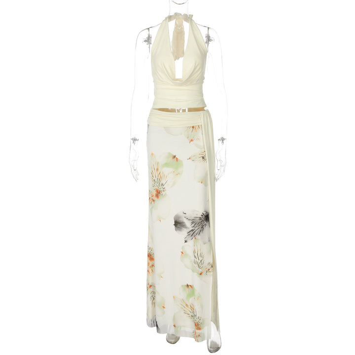 Damen Elegant Maxiklänning med blommig halterdesign och sidoslits Mirla-Eva Jonsson