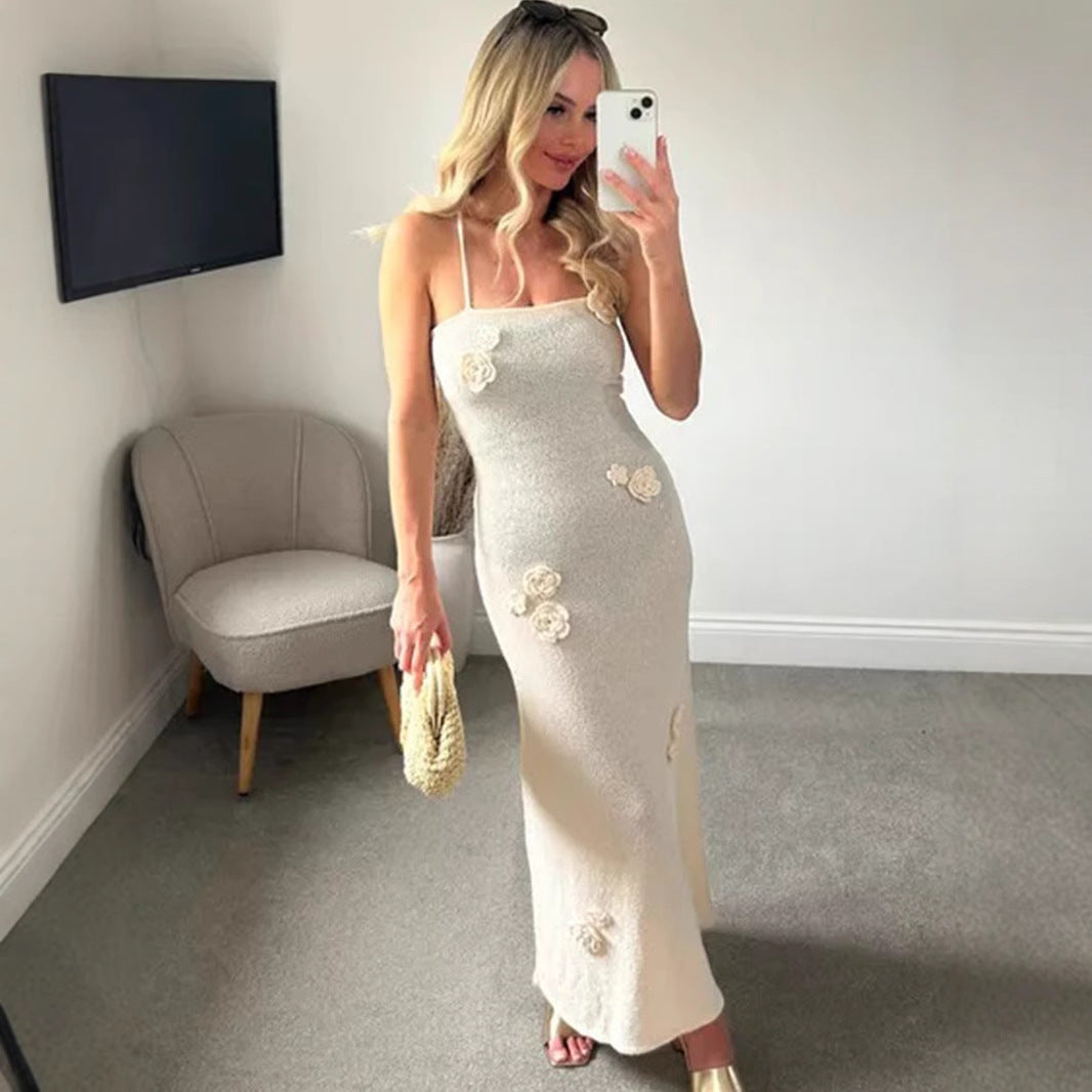 Damen Elegant Maxiklänning med blommiga applikationer och spaghetti-remmar Mirla-Eva Jonsson