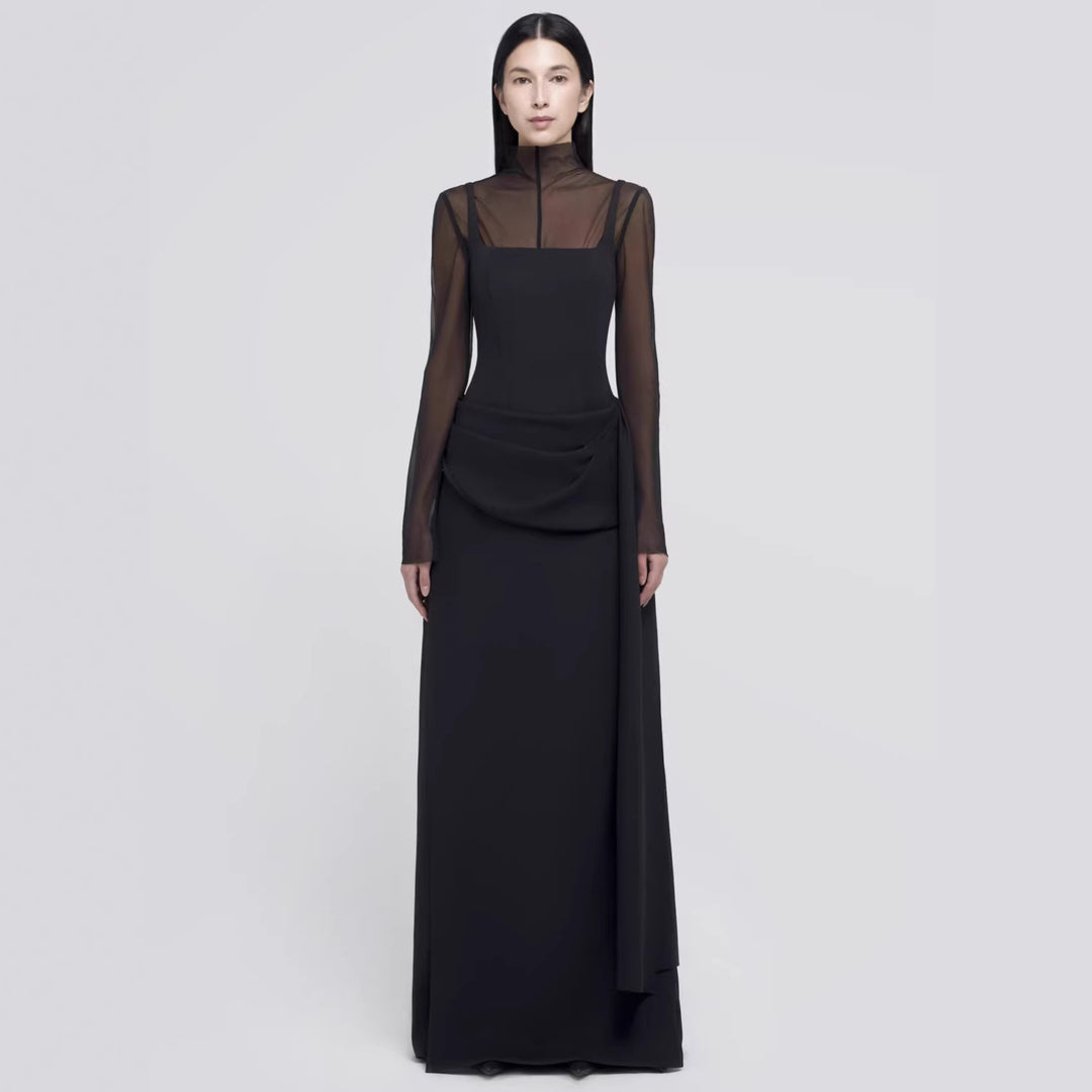 Damen Elegant Maxiklänning med genomskinliga ärmar och draperad kjol Mirla-Eva Jonsson