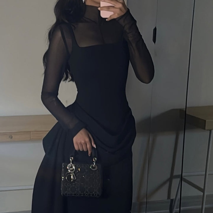 Damen Elegant Maxiklänning med genomskinliga ärmar och draperad kjol Mirla-Eva Jonsson