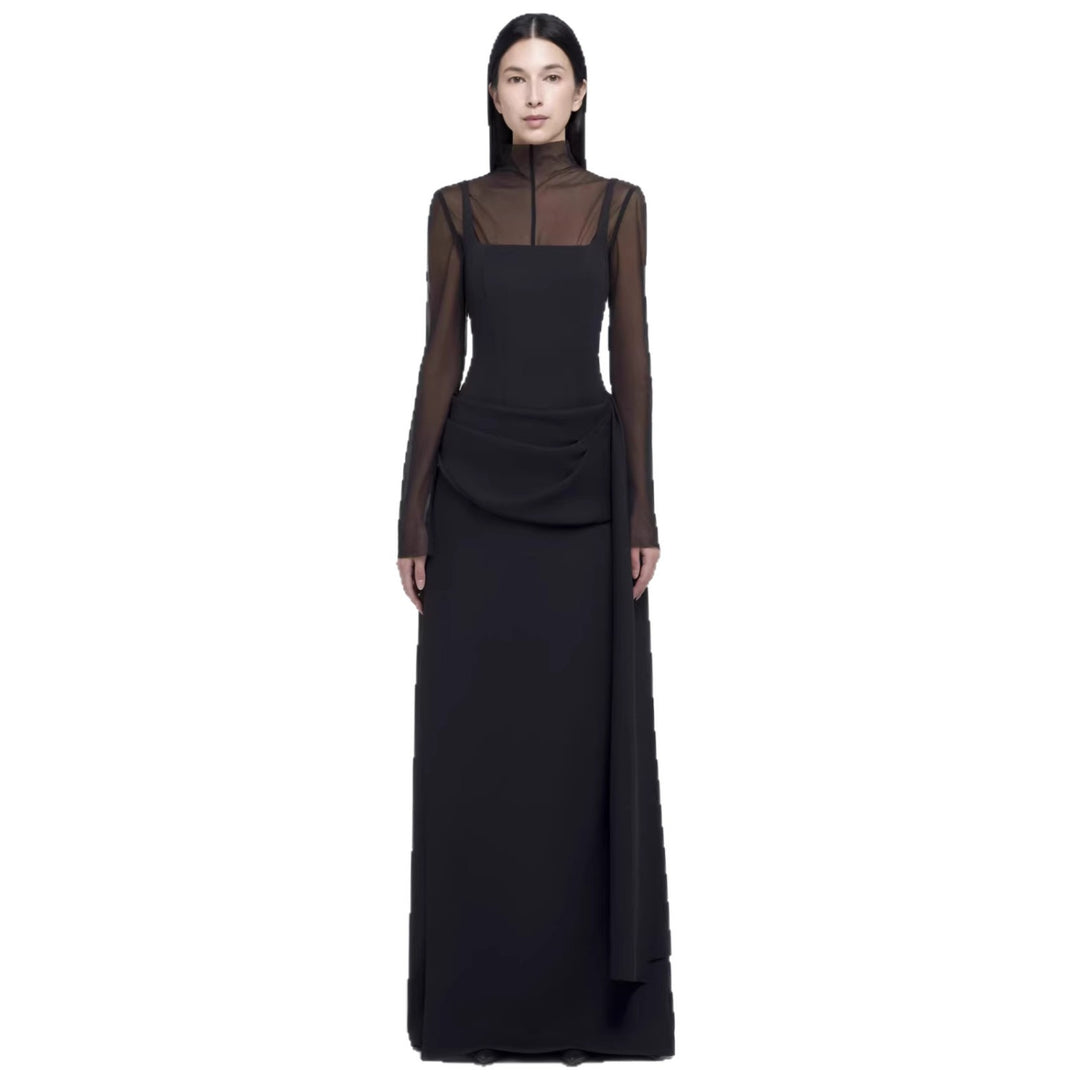 Damen Elegant Maxiklänning med genomskinliga ärmar och draperad kjol Mirla-Eva Jonsson