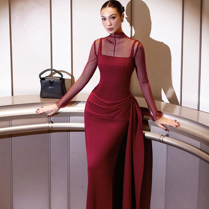 Damen Elegant Maxiklänning med genomskinliga ärmar och draperad kjol Mirla-Eva Jonsson