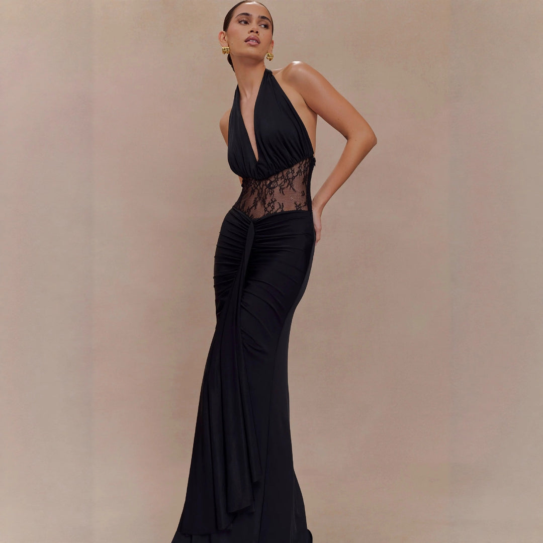 Damen Elegant Maxiklänning med raffinerad spetsdetalj och draperingar Mirla-Eva Jonsson