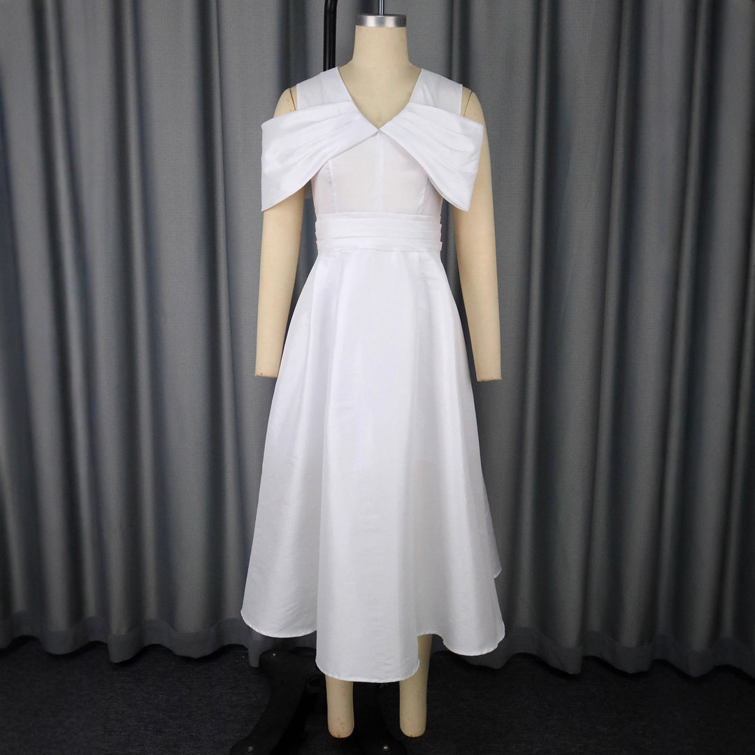 Damen Elegant Midi Klänning med vacker Drapering accent och voluminös överdel Mirla-Eva Jonsson