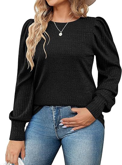 Damen Elegant Ribbstickad topp med puffärmar Mirla-Eva Jonsson