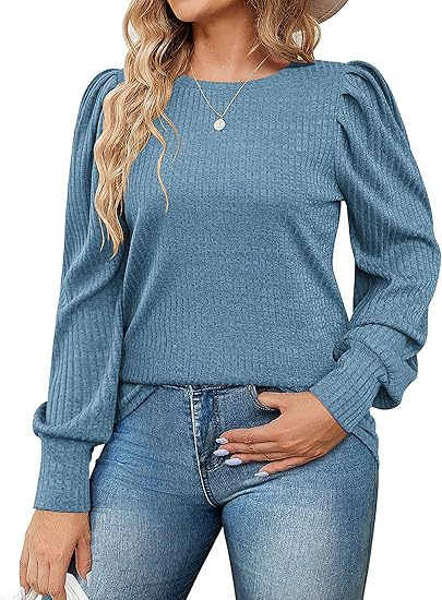 Damen Elegant Ribbstickad topp med puffärmar Mirla-Eva Jonsson