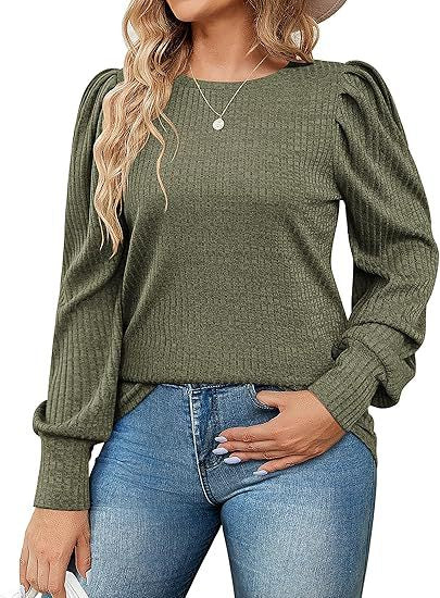 Damen Elegant Ribbstickad topp med puffärmar Mirla-Eva Jonsson