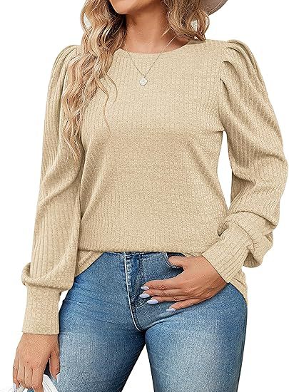 Damen Elegant Ribbstickad topp med puffärmar Mirla-Eva Jonsson