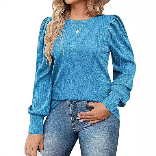 Damen Elegant Ribbstickad topp med puffärmar Mirla-Eva Jonsson