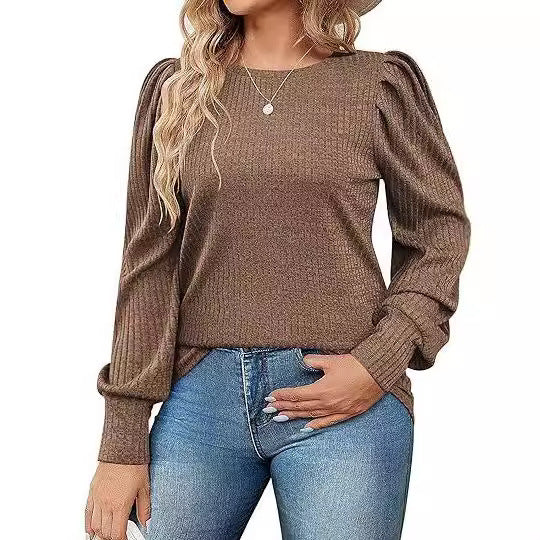 Damen Elegant Ribbstickad topp med puffärmar Mirla-Eva Jonsson