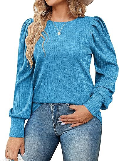 Damen Elegant Ribbstickad topp med puffärmar Mirla-Eva Jonsson