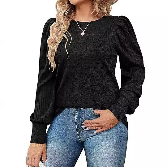 Damen Elegant Ribbstickad topp med puffärmar Mirla-Eva Jonsson