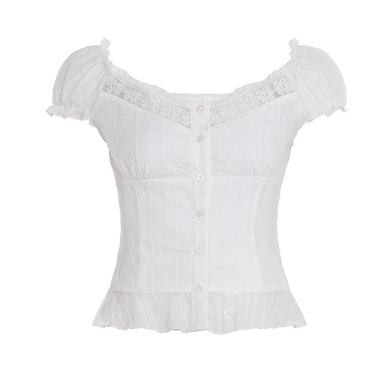 Damen Elegant blusetop med lekfulla puffärmar och knappslå Mirla-Eva Jonsson