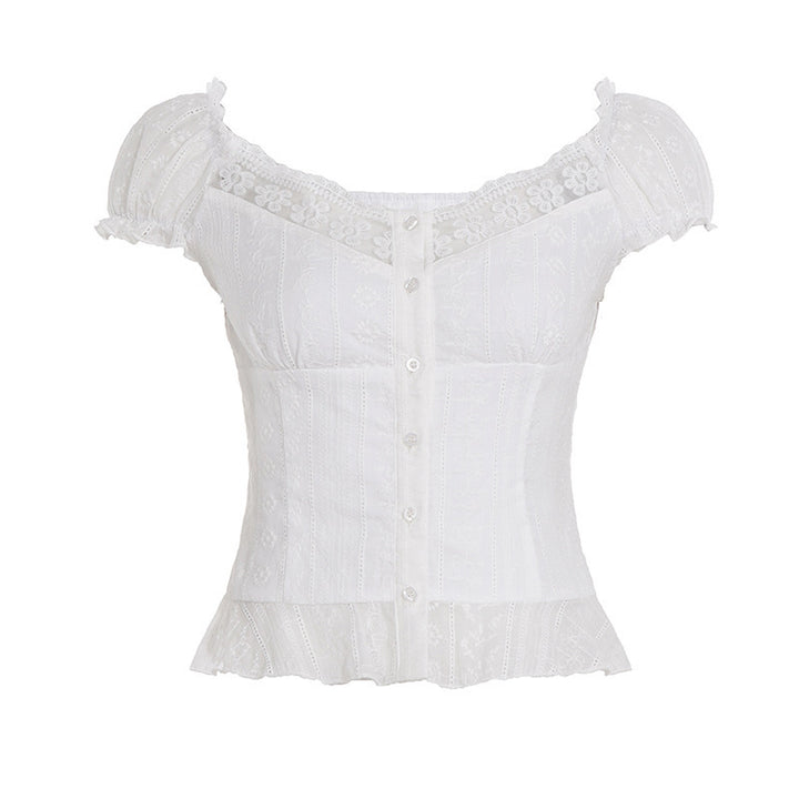 Damen Elegant blusetop med lekfulla puffärmar och knappslå Mirla-Eva Jonsson