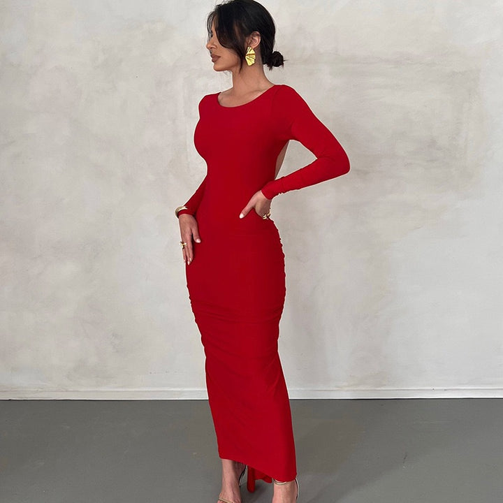 Damen Elegant figurbetonad Maxiklänning med långa ärmar och rund halsringning Mirla-Eva Jonsson