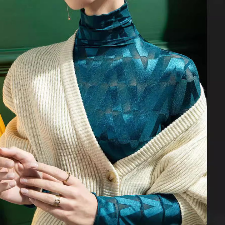 Damen Elegant rullkrage topp med geometriskt mönster och transparenta accenter Eva Jonsson-Eva Jonsson