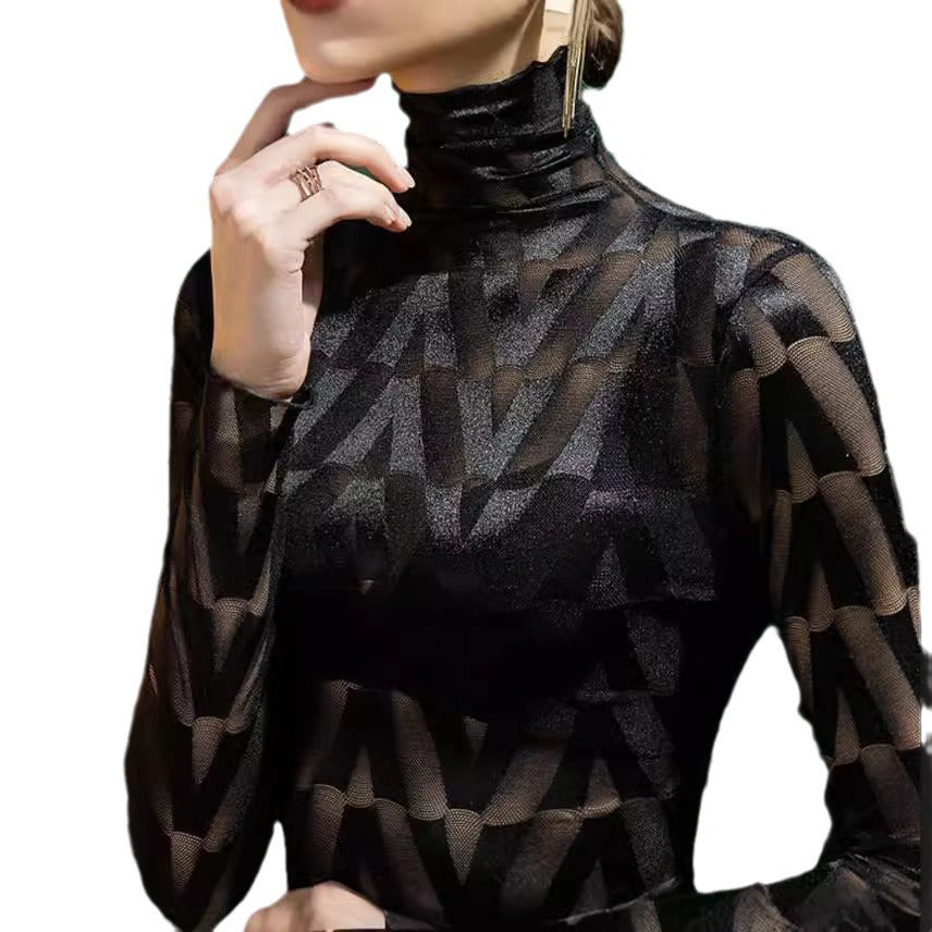 Damen Elegant rullkrage topp med geometriskt mönster och transparenta accenter Eva Jonsson-Eva Jonsson