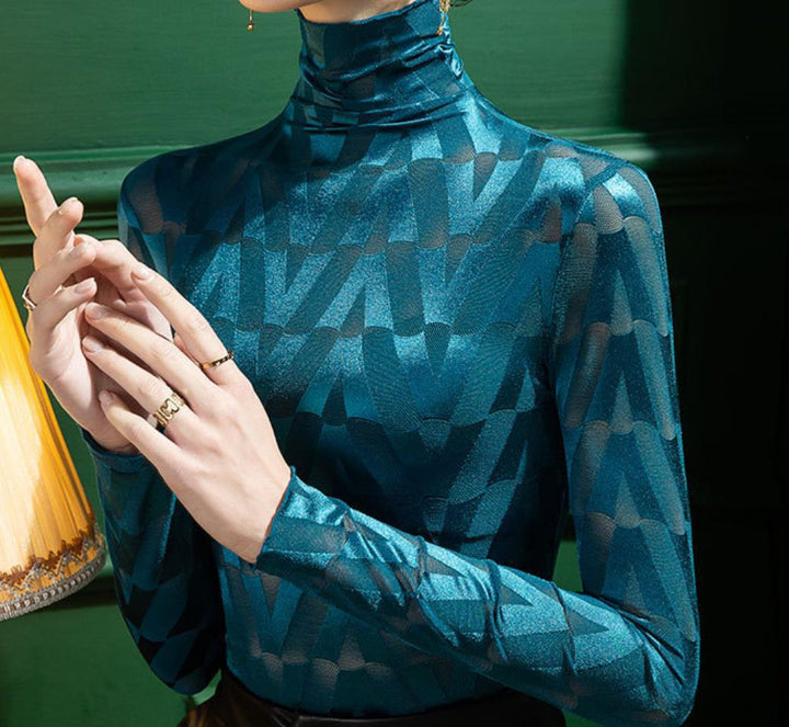 Damen Elegant rullkrage topp med geometriskt mönster och transparenta accenter Eva Jonsson-Eva Jonsson