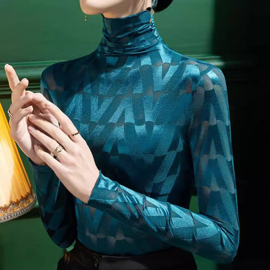 Damen Elegant rullkrage topp med geometriskt mönster och transparenta accenter Eva Jonsson-Eva Jonsson