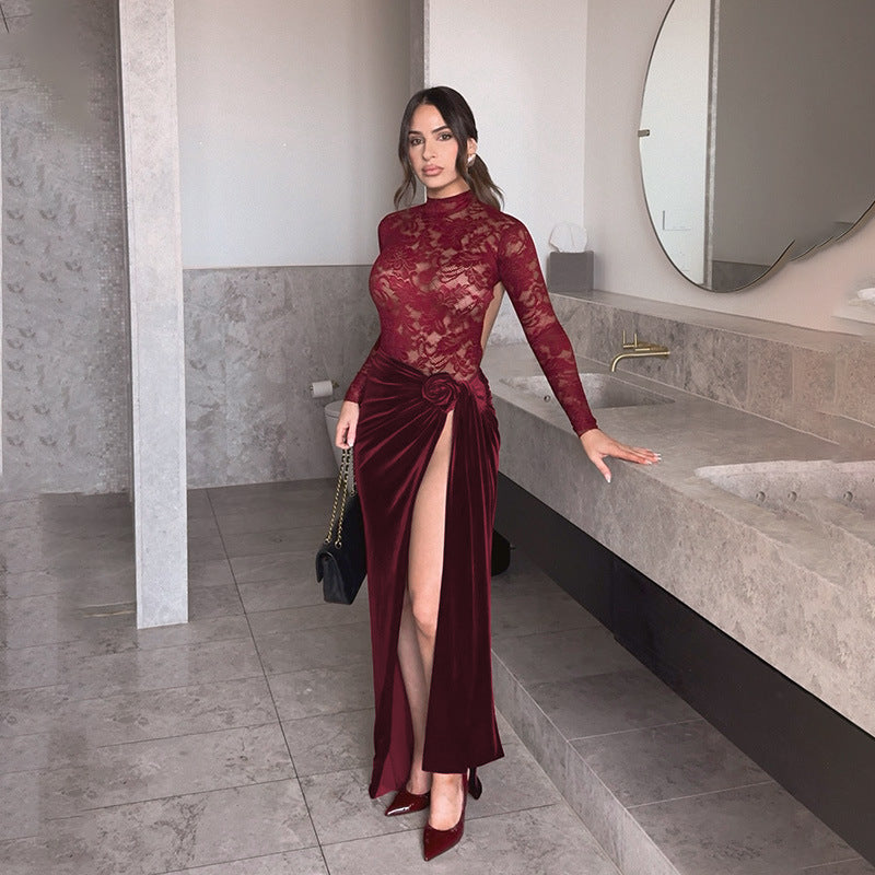 Damen Elegant spets- och sammet aftonklänning med hög slits och dekorativt bälte Mirla-Eva Jonsson