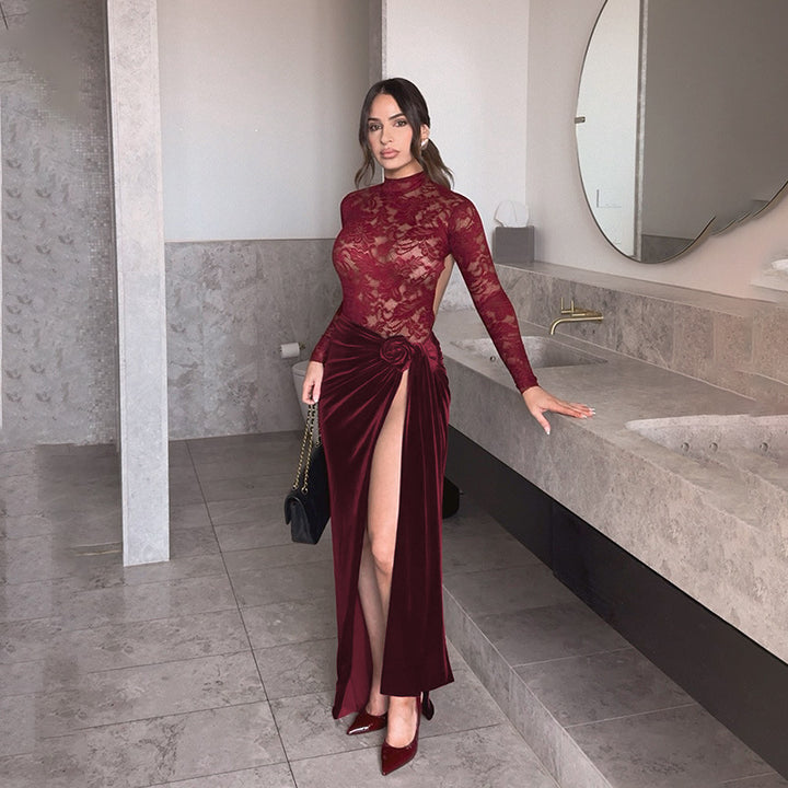 Damen Elegant spets- och sammet aftonklänning med hög slits och dekorativt bälte Mirla-Eva Jonsson
