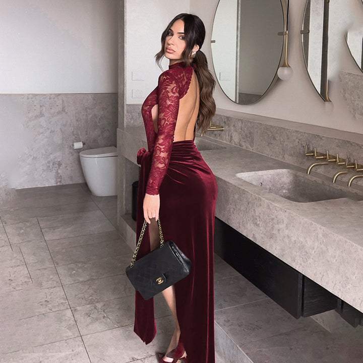 Damen Elegant spets- och sammet aftonklänning med hög slits och dekorativt bälte Mirla-Eva Jonsson