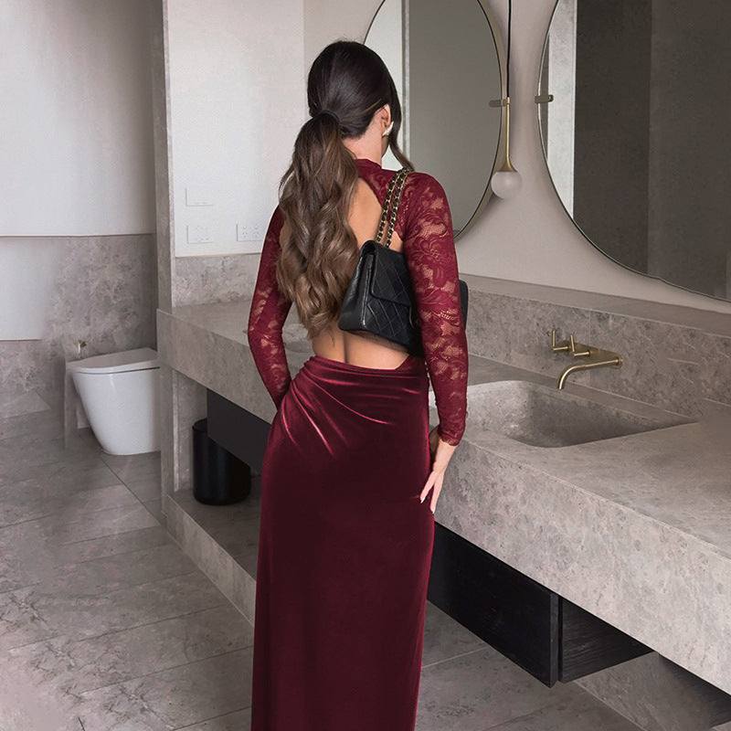 Damen Elegant spets- och sammet aftonklänning med hög slits och dekorativt bälte Mirla-Eva Jonsson