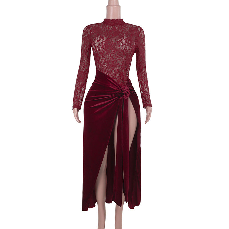Damen Elegant spets- och sammet aftonklänning med hög slits och dekorativt bälte Mirla-Eva Jonsson