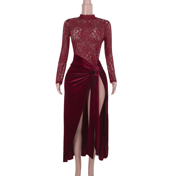 Damen Elegant spets- och sammet aftonklänning med hög slits och dekorativt bälte Mirla-Eva Jonsson