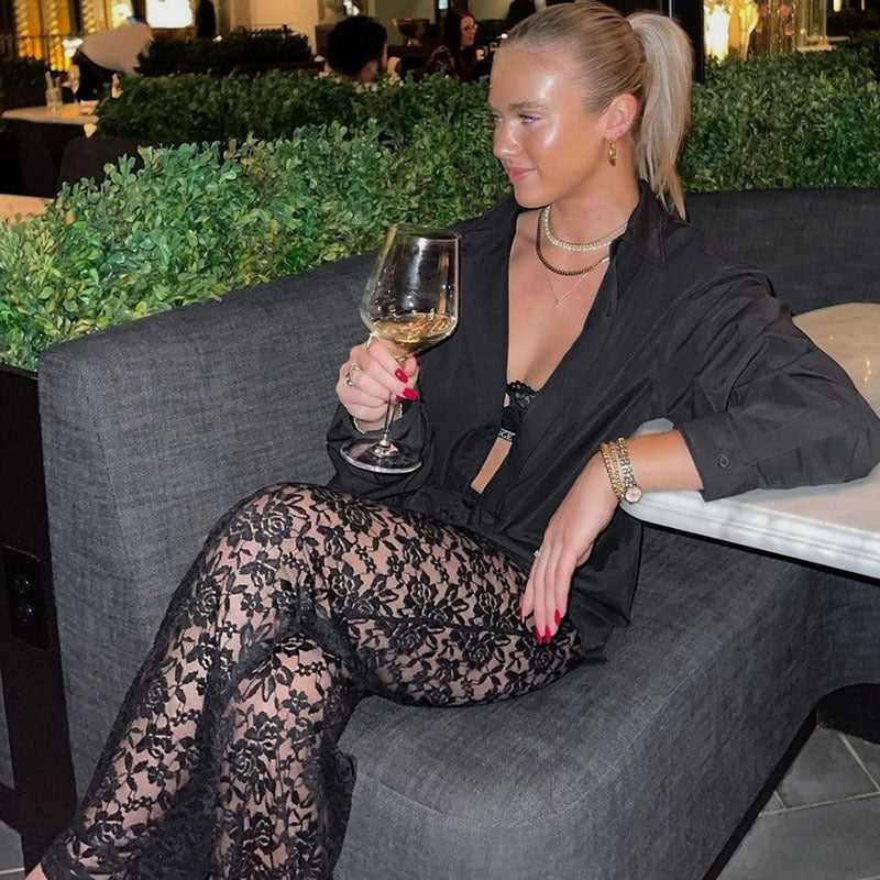 Damen Elegant spetsbyxor med vid ben och hög midja Mirla-Eva Jonsson