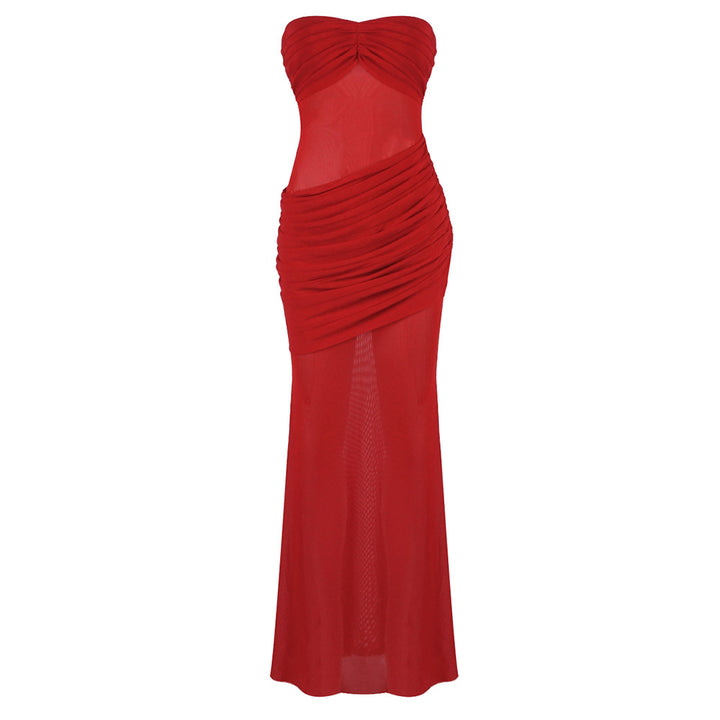 Damen Elegant strapless maxikjol med sofistikerad drapering och transparenta insatser Mirla-Eva Jonsson