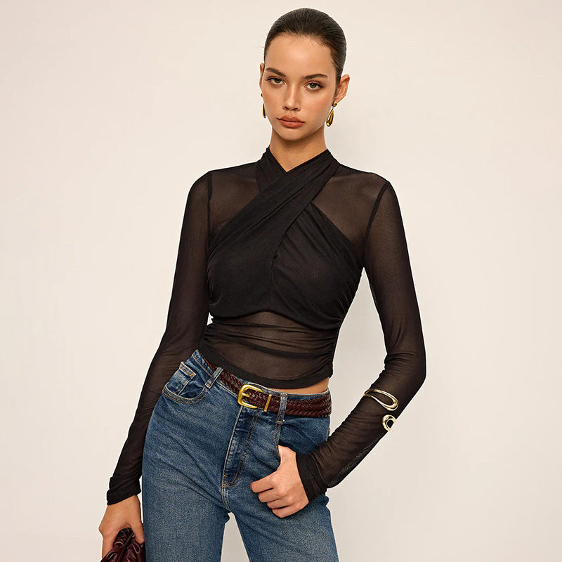 Damen Elegant wrap top with transparent fabric and long sleeves Mirla-Eva Jonsson