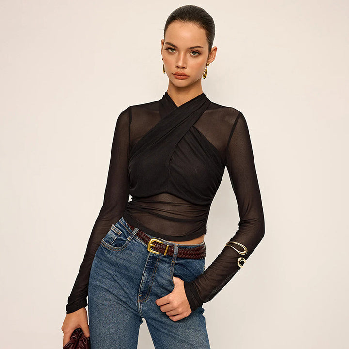 Damen Elegant wrap top with transparent fabric and long sleeves Mirla-Eva Jonsson