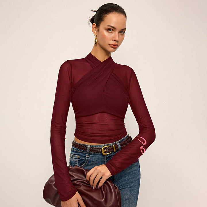 Damen Elegant wrap top with transparent fabric and long sleeves Mirla-Eva Jonsson