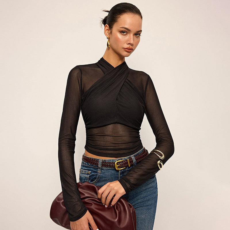 Damen Elegant wrap top with transparent fabric and long sleeves Mirla-Eva Jonsson