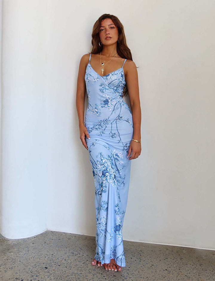 Damen Etuikleid mit zartem floralem Druck und feinen Spaghetti-Trägern Mirla-Eva Jonsson