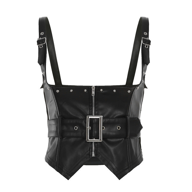 Damen Fashion Kunstleder Cropped Top mit verstellbarem Gürtel und dekorativen Nieten Mirla-Eva Jonsson