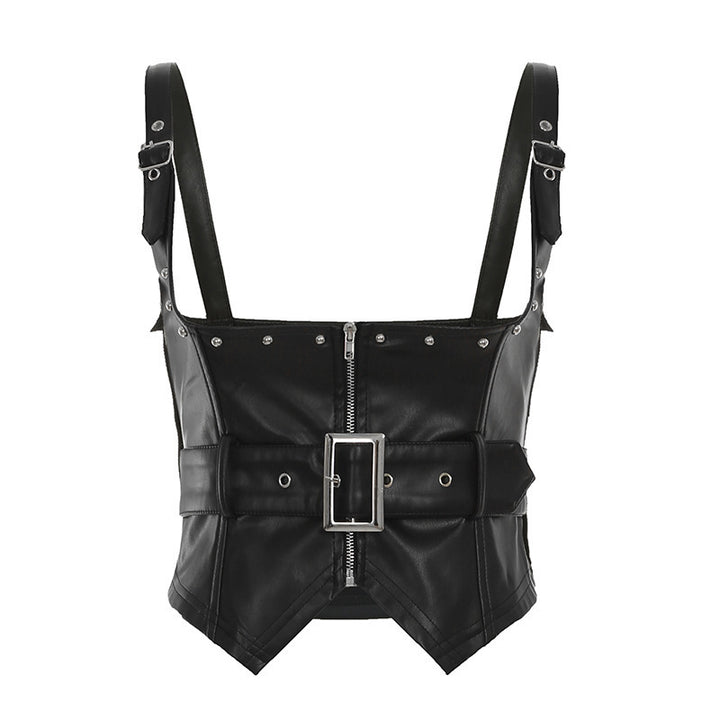 Damen Fashion Kunstleder Cropped Top mit verstellbarem Gürtel und dekorativen Nieten Mirla-Eva Jonsson