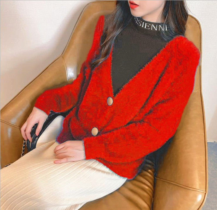 Damen Flauschige Strickjacke mit großen Knöpfen und voluminösen Ärmeln Mirla-Eva Jonsson